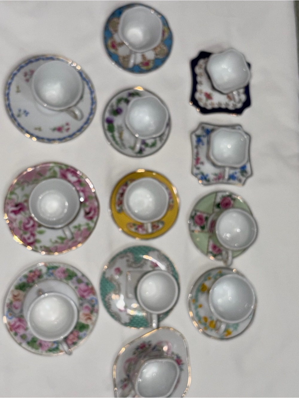 Tiny Porcelain Tea Cups & Saucers 2” high. 12 Assorted Victotian